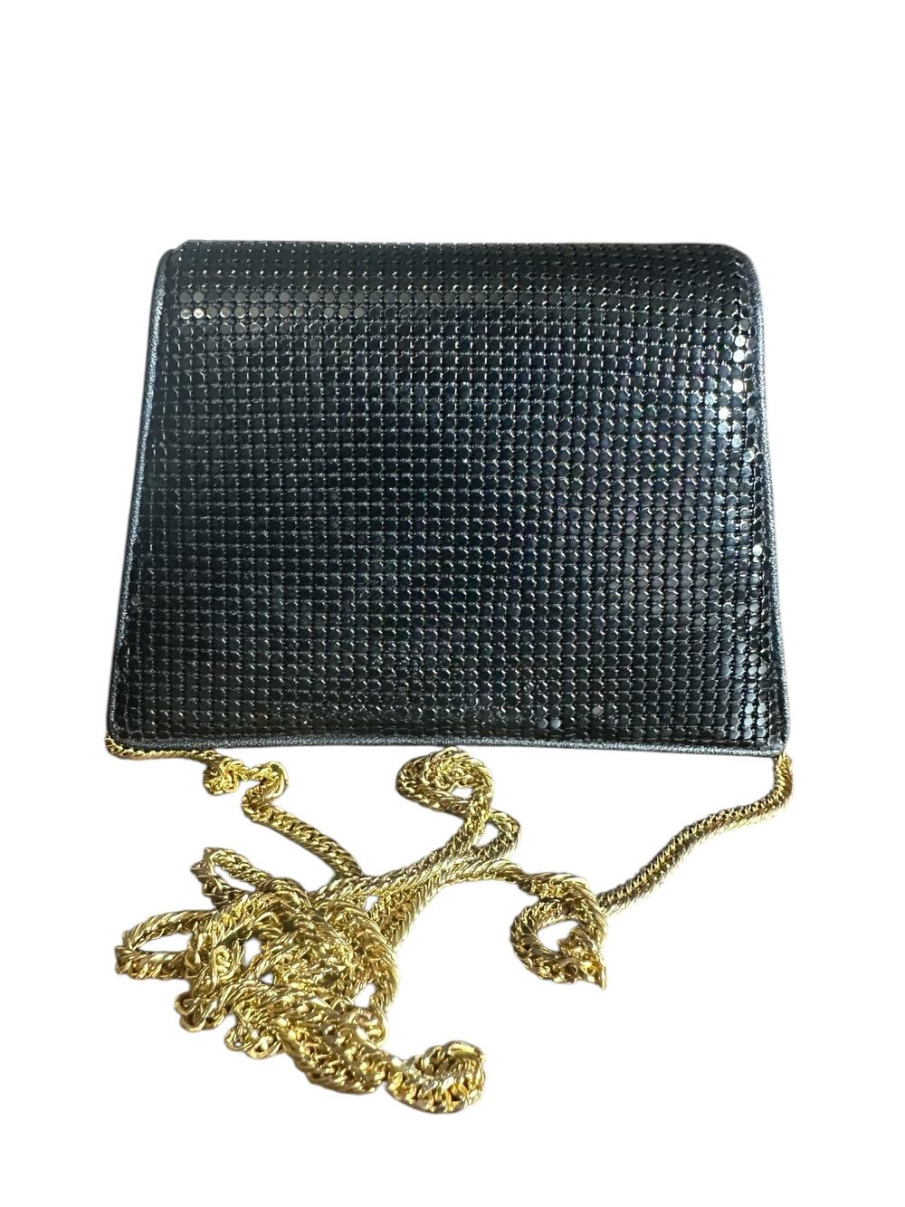 Vintage Whiting & Davis Purse Black Metal Mesh Flap Clutch Handbag chain strap